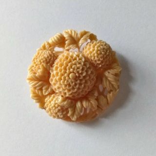 Vintage Plastic Antique Jewelry Carved Celluloid Mums Flower Brooch Pin C Clasp