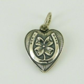 Vintage / Antique Sterling Silver 4 Leaf Clover Puffy Heart Charm