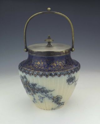 Antique Doulton Burslem Pottery - Flower Blue & White Gilded Biscuit Barrel