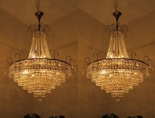 Pair Antique French Basket Style Real Swarovski Crystal Chandelier Light 1940 