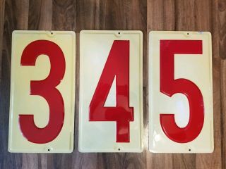 Vintage - Antique Red - White Embossed Gas Station Price Signs Numbers: 3,  4,  And 5
