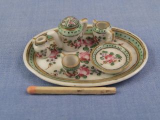 Victorian Antique Miniature China Tea Set Pot Cup Jug Plate & Tray Dolls House