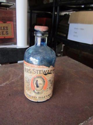 Antique Glass Bottle Blue Mrs Stewarts Liquid Bluing Late 1800 