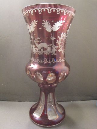 Antique Bohemian Ruby Red Crystal Glass Custom Large Vase Forest Scene Etched