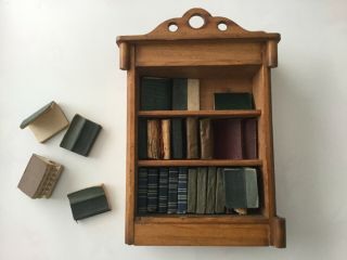 Antique Dolls House Handmade Bookcase With Handmade Leather Bound Books
