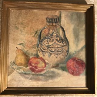 Antique " Still Life With Vase And Apples Scene " Oil Painting - Framed