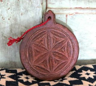 Old Primitive Geometric Butter Mold Round Carved Wood Wooden Butter Stamp Press