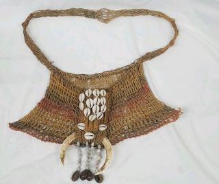 Vintage Papua Guinea Bilum Woven Bag Carry Sack Cowrie Shells & Boars Tusk