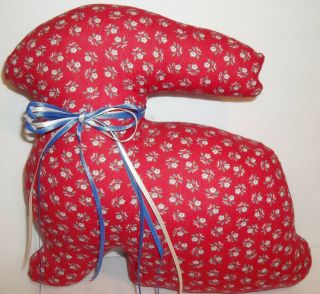 Country Craft Bunny Rabbit Pillow Decor Handmade Red Print Easter 9 " Vintage