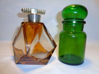 Vtg Green Glass Apothecary Cannister Jar & Old Perfume Display Bottle Vanity Art