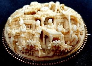 Antique Chinese Carved Bone Yellow Metal Mounted Brooch Emporor ' s Court c 1890 2