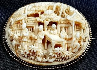 Antique Chinese Carved Bone Yellow Metal Mounted Brooch Emporor ' s Court c 1890 3