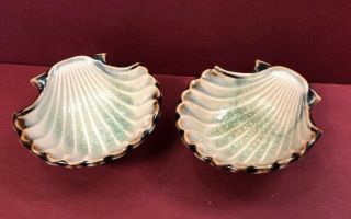 2 Antique Majolica Clam Shell Butter Pats Or Pin Trays