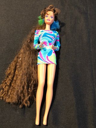 Vintage 1975 Mattel Barbie Long Brown Hair Dress With Earrings And Ring