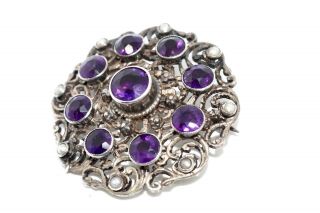 A Fine Antique Austro Hungarian Sterling Silver 925 Amethyst & Pearl Brooch
