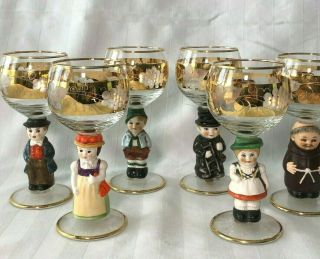 Goebel Hummel German Figurine Wine Glasses With 22k Gold Trim,  Set Of 6,  Vintage