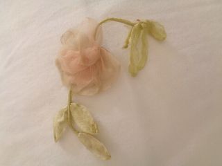 Charming Victorian French Silk Ribbonwork Rose Pink Chiffon Rose On Silk Vine