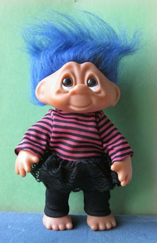 Vintage Dam Troll Doll 8 " Denmark Norfin Blue Hair Pink,  Black Outfit