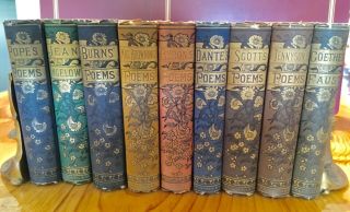 Set of 9 Antique Mid 19th Century Cloth Bound Decorative Books.  Poets & Authors 3