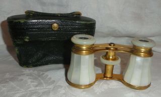 Lemaire Paris French Antique Mother Of Pearl Brass Theater Opera Glasses W/case