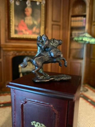 Vintage Miniature Dollhouse Uk Artisan Bronze Statue Horse Man Rider Holds Lady