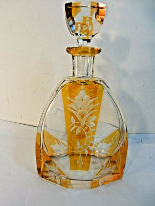 Antique Cut To Clear Honey Amber Bohemian Czech Glass Decanter With Stopper