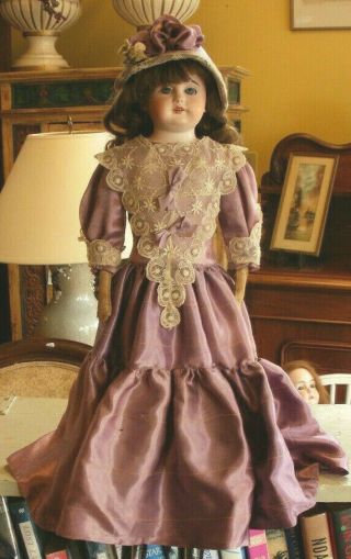 23” Antique Kestner Type Doll,  Open Mouth 4 Teeth,  Cloth Body & Hands,  Blue Eyes