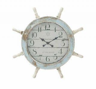 28 Inches Distressed White Blue Ship Wheel Wall Clock Nautical Ocean Sea Decor