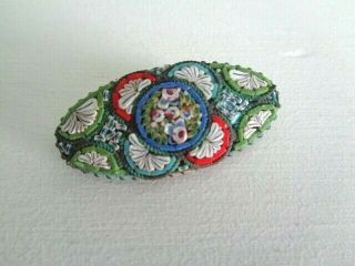 Antique Victorian Micro Mosaic Pin Brooch Tiny Mosaics Italy 1 3/8 In X 3/4 In