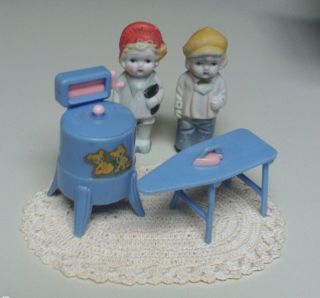 Vintage Bisque Dolls With Vintage Dollhouse Renwal Washer And Ironing Board Plus