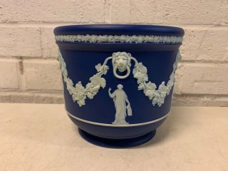 Antique Wedgwood Blue Jasperware Cache Pot / Vase W/ Women / Muses Decoration