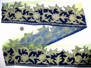 Vintage Antique Border Sari Trim Lace Rare Old 2 Ft 9f59 Blue Gold Zari Ablsi
