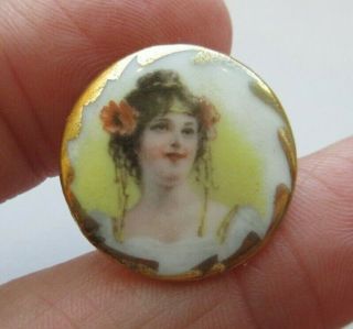 Very Pretty Antique Vtg Porcelain Stud Button W/ Ladies Head Cameo 7/8 " (o)