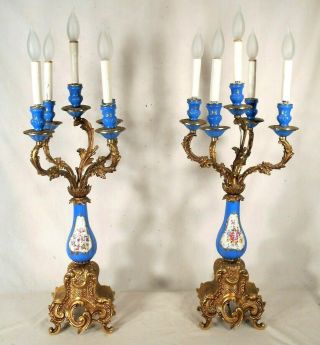 Vintage Early 20th Century Porcelain And Brass 5 Arm Rococo Candelabra