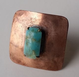 Antique,  Square Copper & Turquoise Ring 8,  Very Unique
