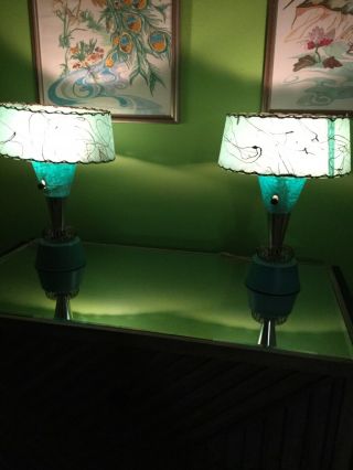 Mcm Vintage Bureau Lamps In Aqua And Gold,