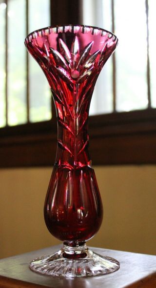 Vintage Cut - T0 - Clear Cranberry (ruby) Glass/crystal Bud Vase 8” High