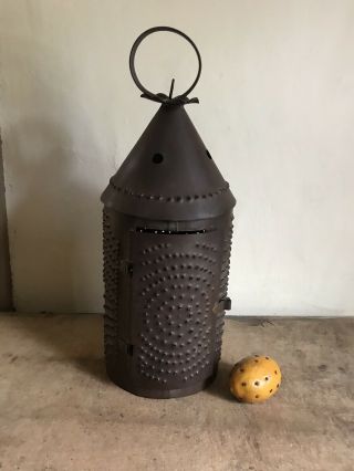 Huge Vintage Punched Tin Hanging Candle Lantern Lighting Aafa Revere Patina
