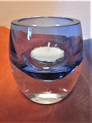 Heavy 3 " Tall Blue & Clear Glass Candle Holder With Candle