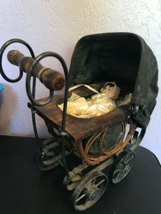 Antique Baby Doll Stroller Vintage Wooden Carriage Buggy Small Doll Buggy W Doll
