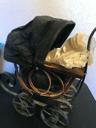 Antique Baby Doll Stroller Vintage Wooden Carriage Buggy Small Doll Buggy w doll 5