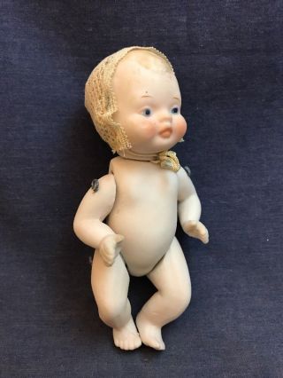 Vintage 5 " Japan Porcelain Baby Doll With Bonnet Ceramic Articulating Bisque?