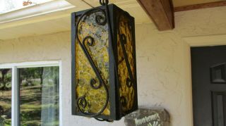 Vintage Hanging Porch Light Wrought Iron With Amber Glass