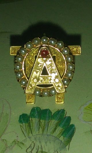 Alpha Omicron Pi Badge - 14k Gold Pearls Ruby Antique Greek Sorority Pin