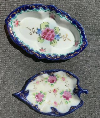 Antique Pair (2) Porcelain China Hand Painted Blue Floral Leaf Dishes