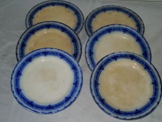 Six Antique Grecian Semi Porcelain Alfred Colley England Flow Blue Type Plates