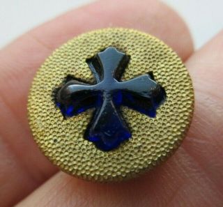 Fabulous Old Antique Vtg Cobalt Glass In Metal Waistcoat Button Cross 5/8 " (v)