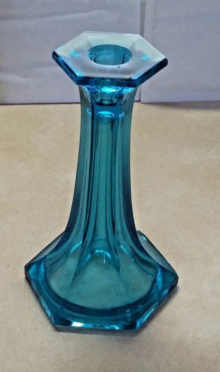 Antique Art Deco Westmorland Belgian Blue 6 Sided Glass Candlestick Depression