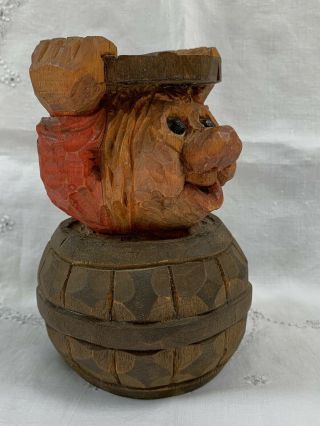 Vintage Hand - Carved Wooden Norwegian Troll In Barrel 6 3/4 