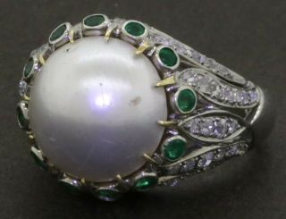 Antique 18k Wg 2.  15ct Vs Diamond Emerald 13.  0mm Mabe Pearl Cocktail Ring Sz 8.  75